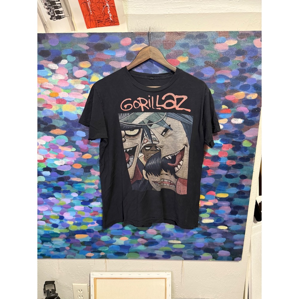 Gorillaz Graphic T-Shirt Black Distressed Band Tee Short Sleeve Men's Medium